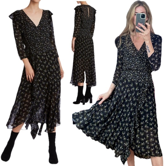Anthropologie Dresses & Skirts - Anthropologie Bailey 44 Ophelia Black Floral Print Ruffle Midi V Neck Boho Dress